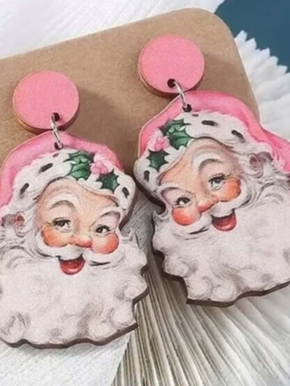 Pink Santa Face Earrings - Holiday Accessory